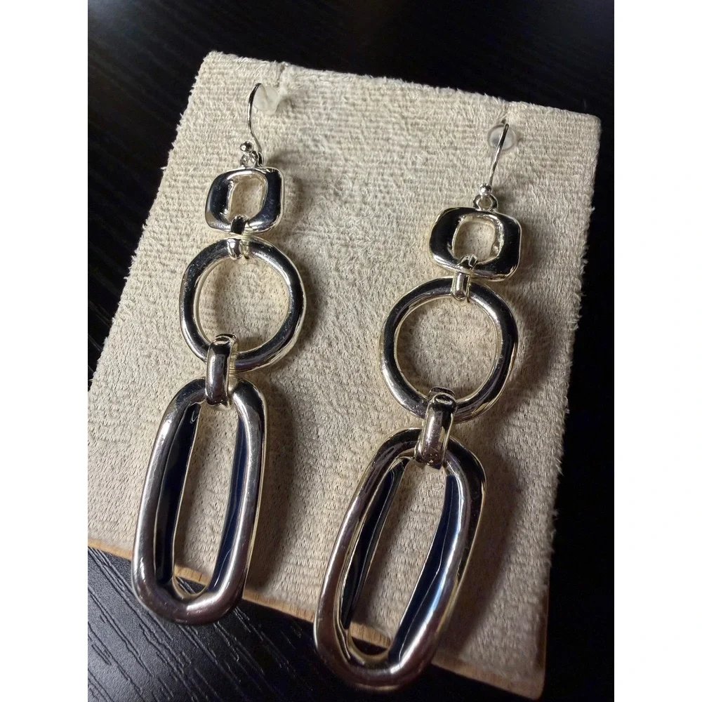 Chicos Silver Tone Navy Blue Enamel Geometric Link Drop Earrings French Wire